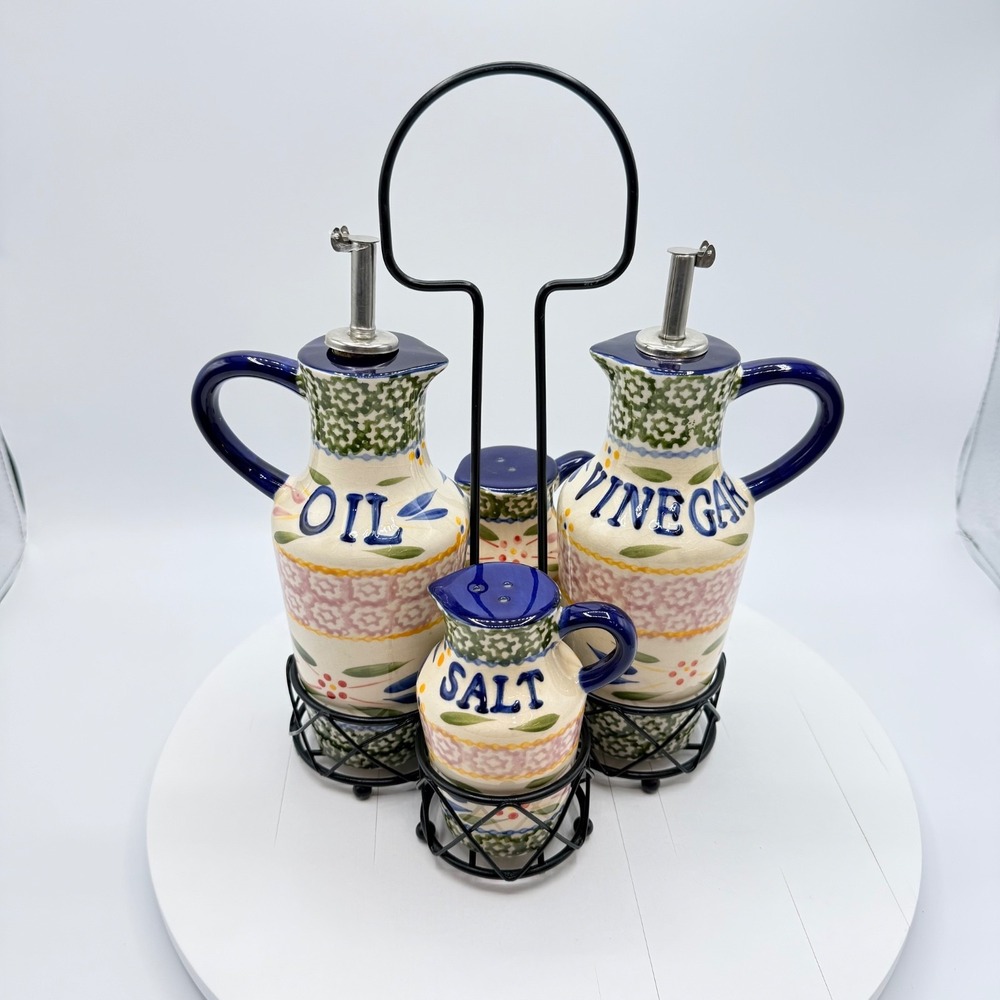 Temptations by Tara Old World Oil & Vinegar Salt & Pepper Set Stand Green Blue